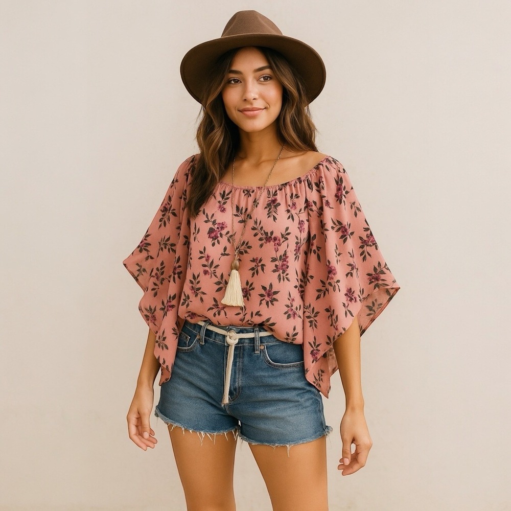 Womens Pink Floral Off Shoulder Blouse XL Boho Whimsy Fairy Cottagecore Festival